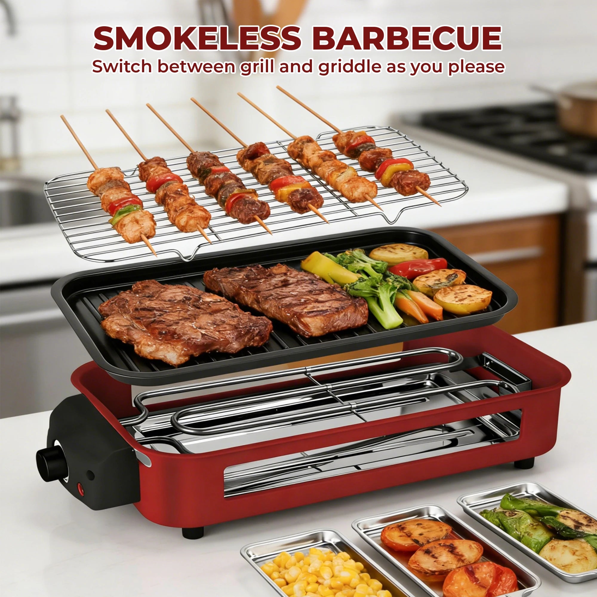 Electric Grill, Smokeless Electric Grill, Non-stick Coating, Removable Griddle/Grill Rack/Tray, Suitable for family and Hall of Residence Parties and Barbecues