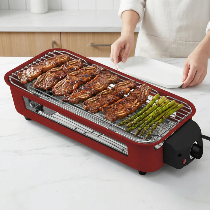 Electric Grill, Smokeless Electric Grill, Non-stick Coating, Removable Griddle/Grill Rack/Tray, Suitable for family and Hall of Residence Parties and Barbecues