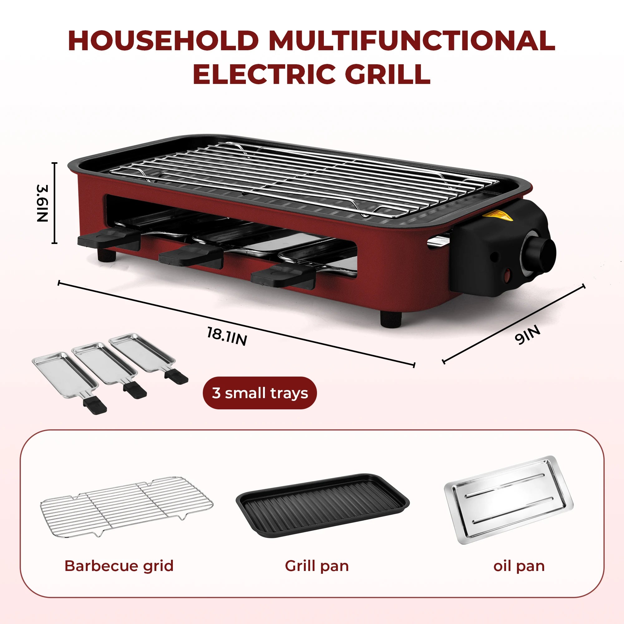 Electric Grill, Smokeless Electric Grill, Non-stick Coating, Removable Griddle/Grill Rack/Tray, Suitable for family and Hall of Residence Parties and Barbecues