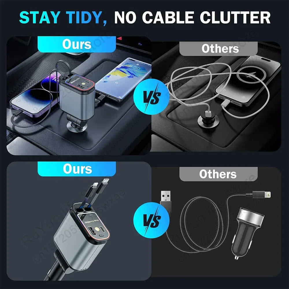 4 in 1 Retractable Car Charger with USB C Lightning Cable Starlight in Auto Roof Fast Charging for IPhone Samsung Phones