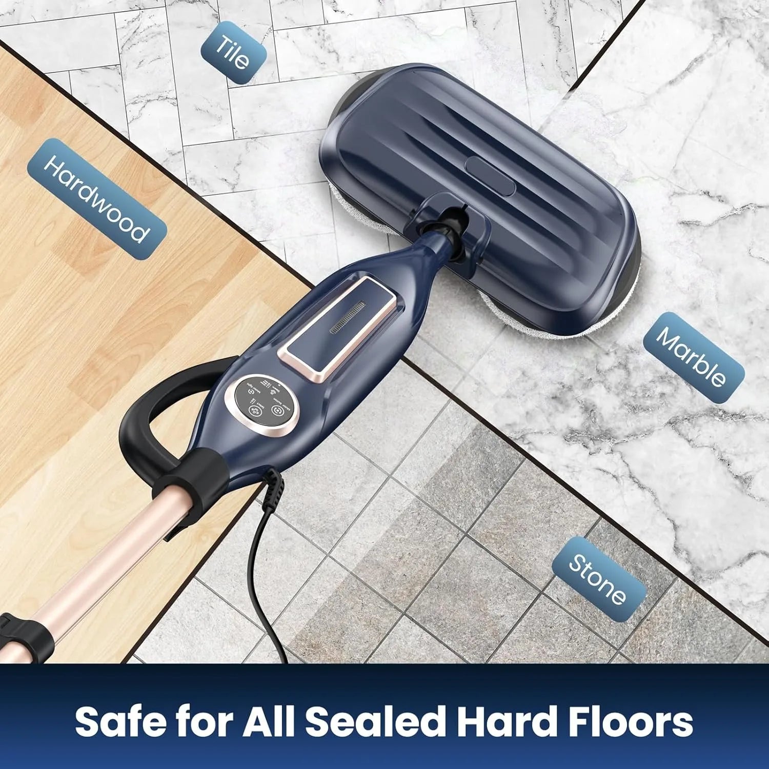 VM6 Steam Mop Cleaner with Rotating Mop Pads 1300W Powerful Floor Steamer 10 in 1 Lightweight Spin Mop High Temperature with Steam Blaster Technology LED Headlights for Home Hardwood Marble Floors