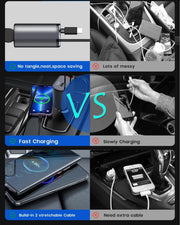 Car Charger Fast Charging Car Cigarette Lighter Adapter With Dual Expansion Cable And Dual Port For Car With Voltage Display