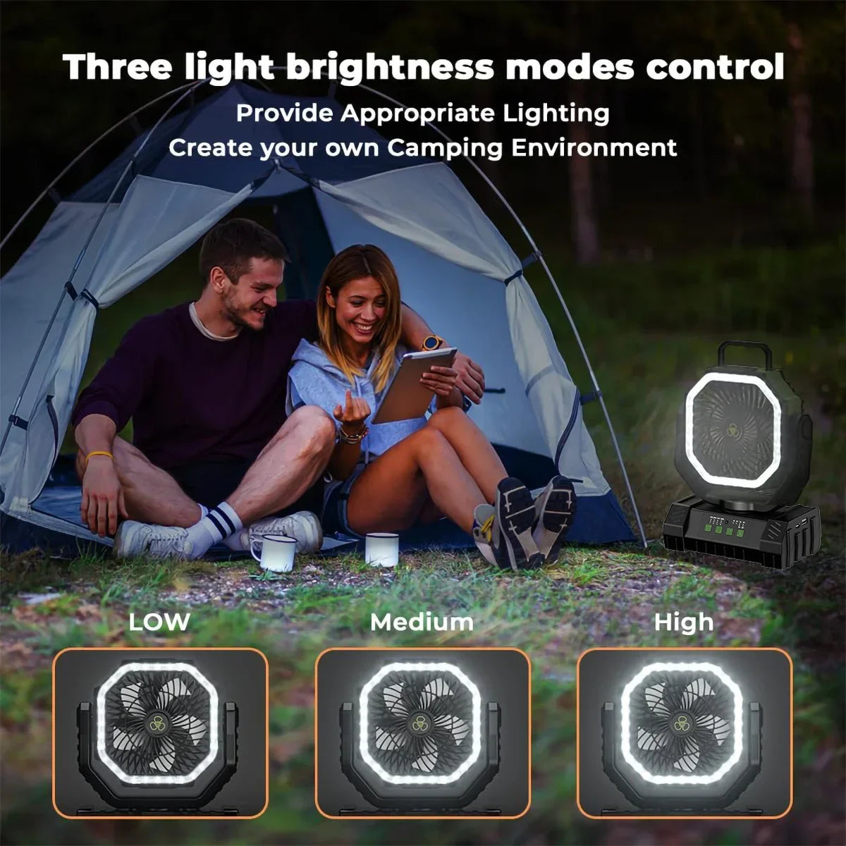 20000mAh Battery Powered Fan Rechargeable Camping Fan 4 Speeds Gear with LED Outdoor Tent Fans with Hanging Hook Remote