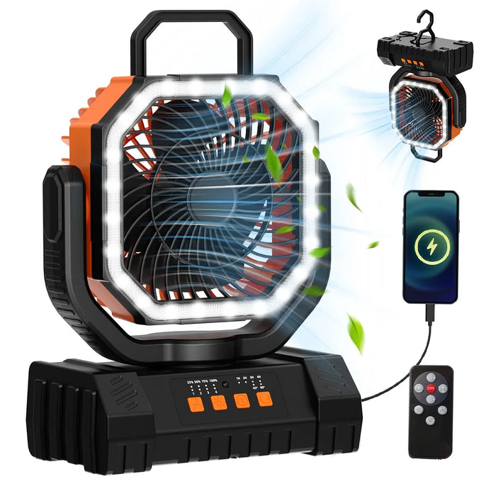 20000mAh Battery Powered Fan Rechargeable Camping Fan 4 Speeds Gear with LED Outdoor Tent Fans with Hanging Hook Remote