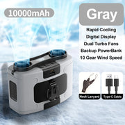 10000mAh Portable Outdoor Waist Fan Hanging Neck Strong Wind with Power Bank LED Lighting for Emergency Sports Outdoor Working