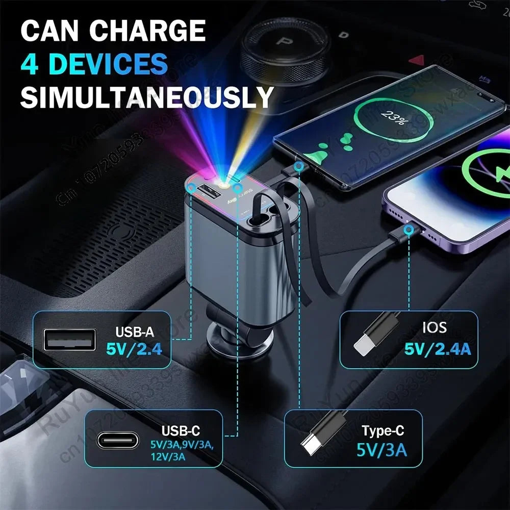 4 in 1 Retractable Car Charger with USB C Lightning Cable Starlight in Auto Roof Fast Charging for IPhone Samsung Phones