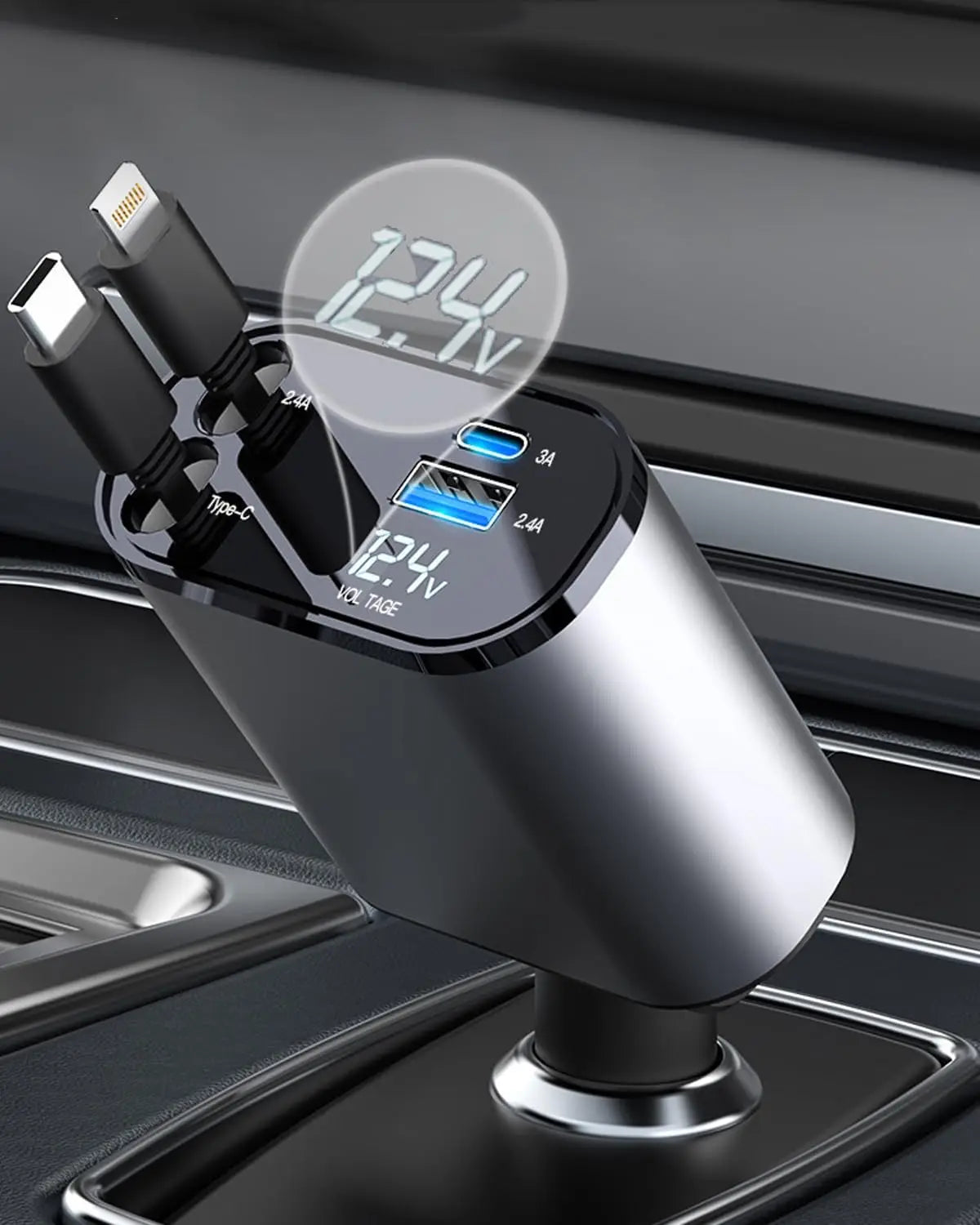 Car Charger Fast Charging Car Cigarette Lighter Adapter With Dual Expansion Cable And Dual Port For Car With Voltage Display