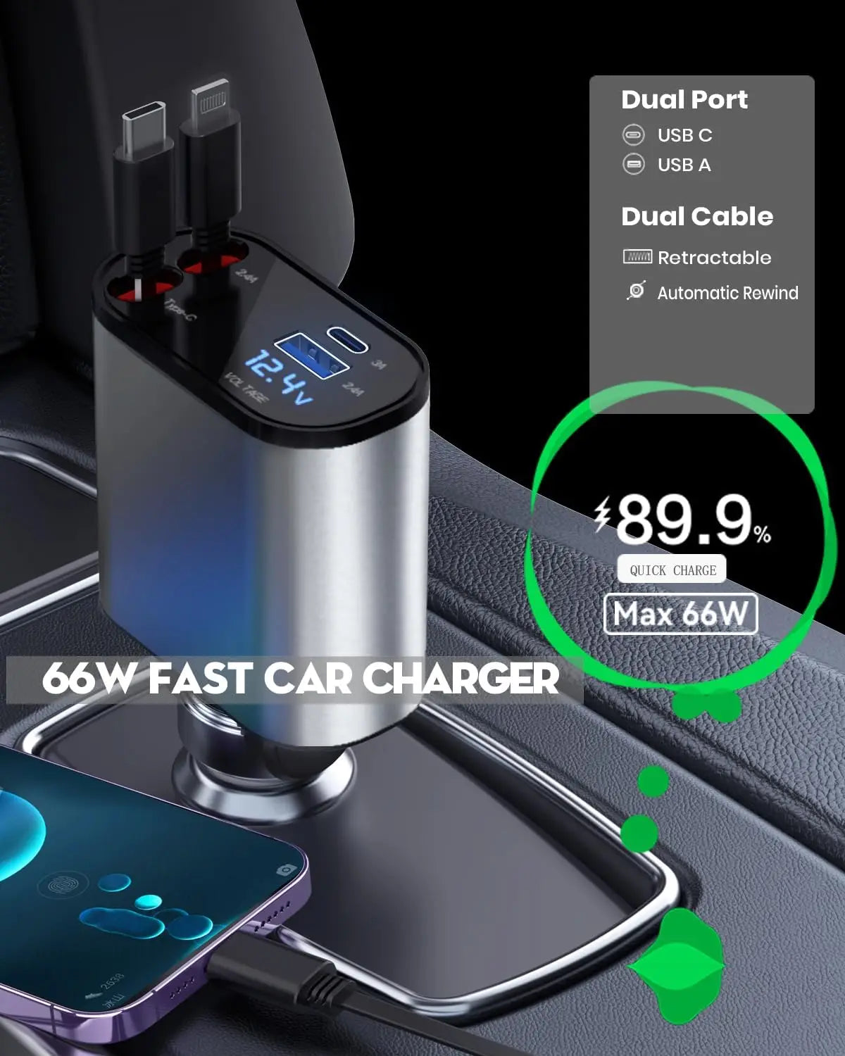 Car Charger Fast Charging Car Cigarette Lighter Adapter With Dual Expansion Cable And Dual Port For Car With Voltage Display