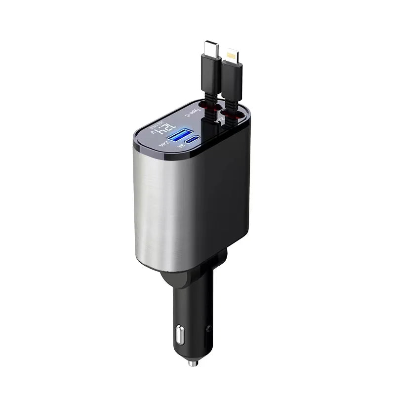 Car Charger Fast Charging Car Cigarette Lighter Adapter With Dual Expansion Cable And Dual Port For Car With Voltage Display