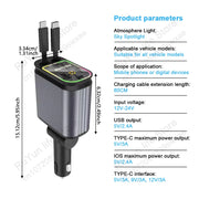 4 in 1 Retractable Car Charger with USB C Lightning Cable Starlight in Auto Roof Fast Charging for IPhone Samsung Phones