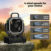 20000mAh Battery Powered Fan Rechargeable Camping Fan 4 Speeds Gear with LED Outdoor Tent Fans with Hanging Hook Remote