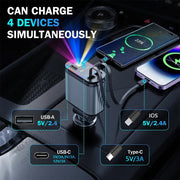 4 in 1 Retractable Car Charger with USB C Lightning Cable Starlight in Auto Roof Fast Charging for IPhone Samsung Phones