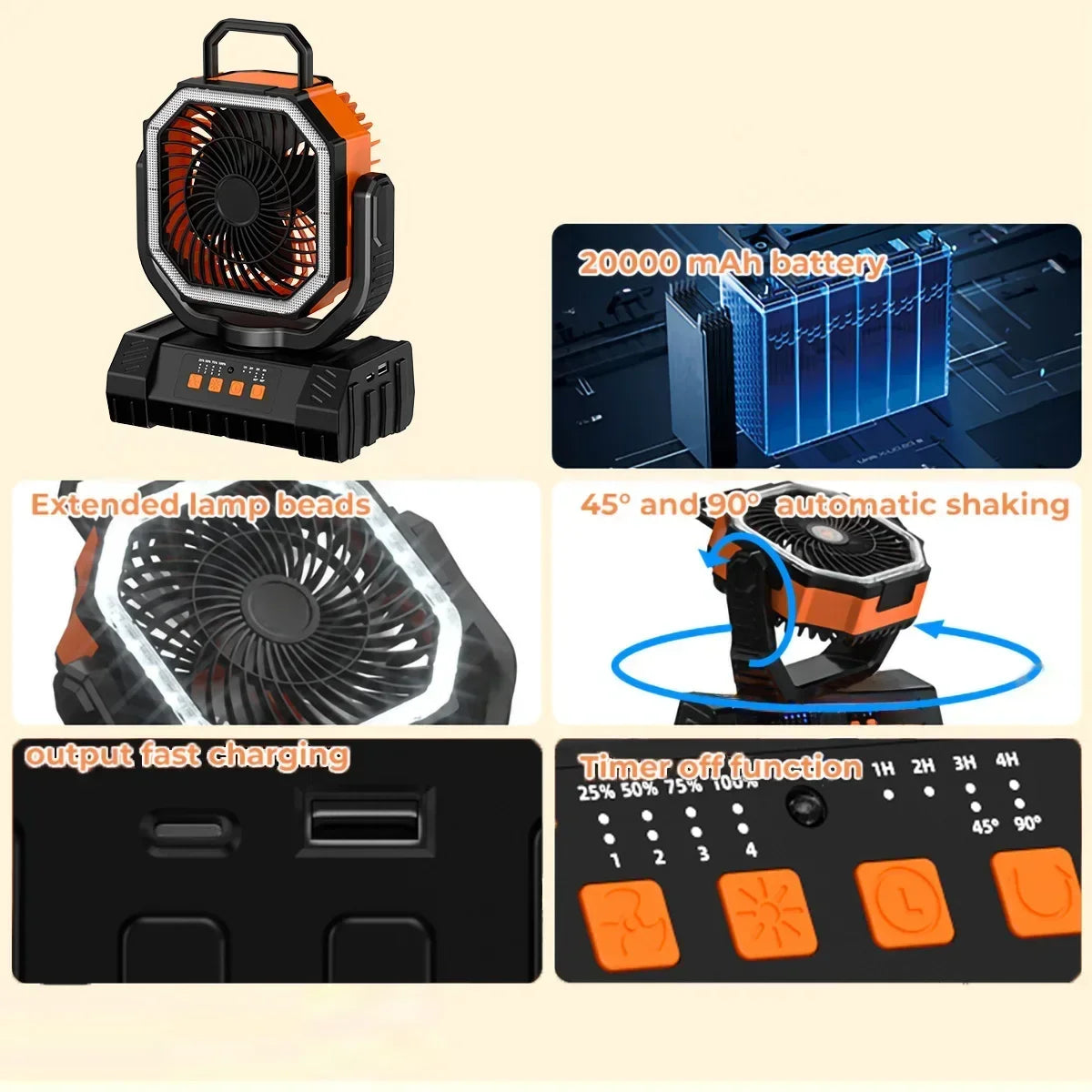 20000mAh Battery Powered Fan Rechargeable Camping Fan 4 Speeds Gear with LED Outdoor Tent Fans with Hanging Hook Remote