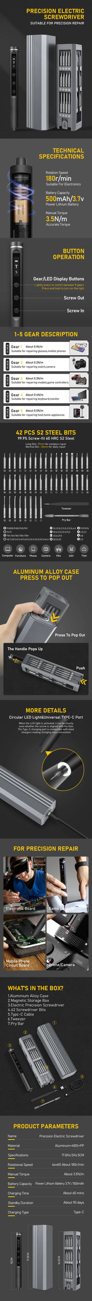 Galacok S6 Max Precision Electric Screwdriver Set with 42 Magnetic Bits 5 Torque Settings Mini Power Tools for IPhone Camera PC
