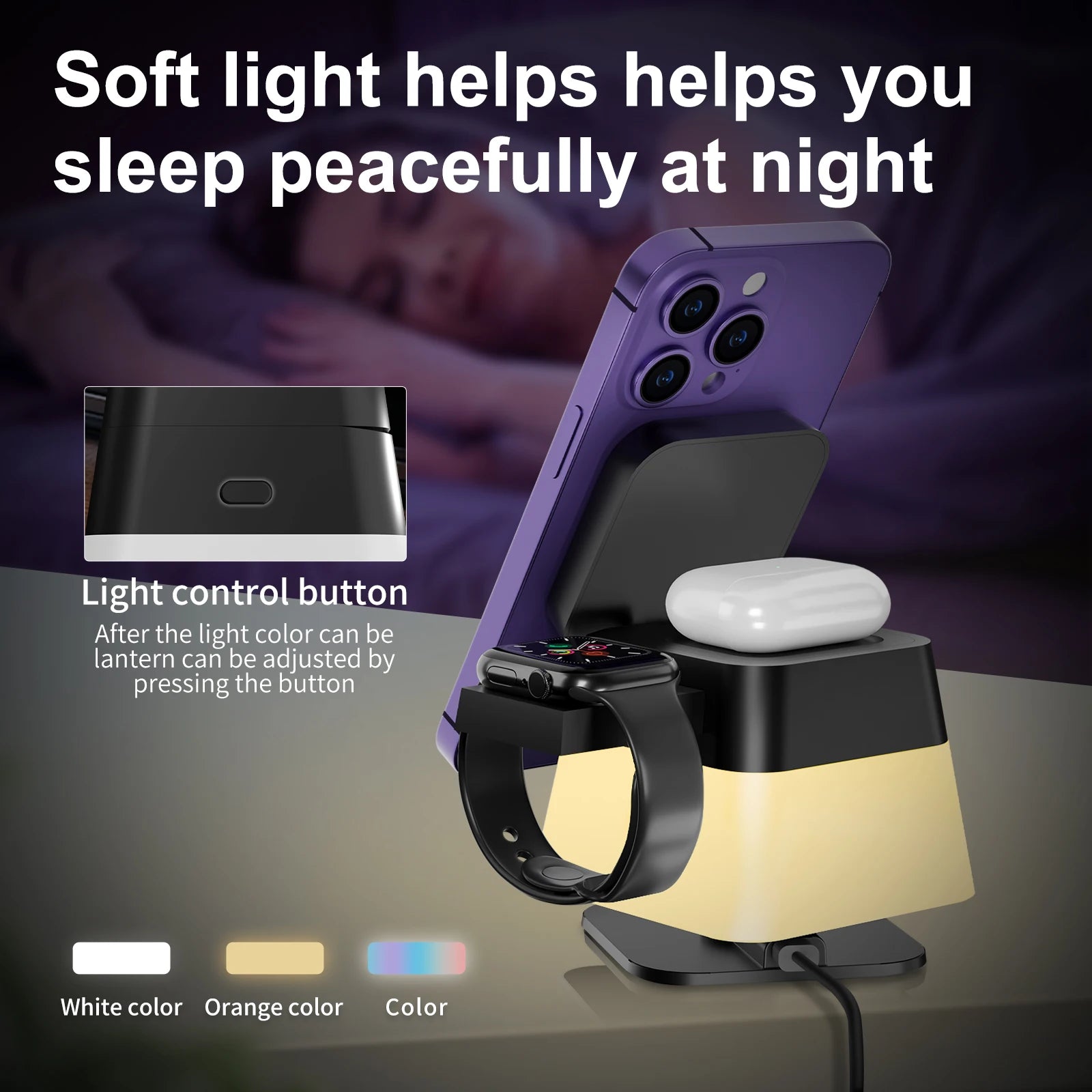 4 In 1 Foldable Wireless Charger With Nightlight For iPhone 15 Pro Max 15 Plus 14 13 12 Series Apple Watch 9 8 7 AirPods Pro 2